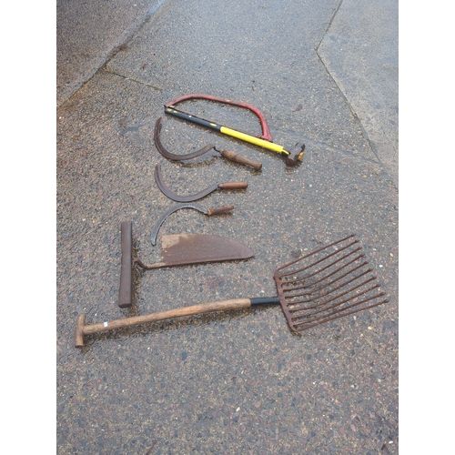 51 - Selection of Garden Tools including Rake and Sickle