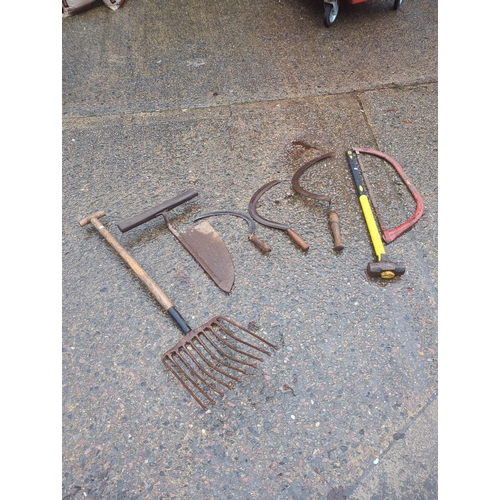 51 - Selection of Garden Tools including Rake and Sickle