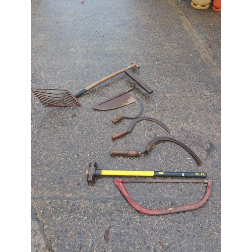51 - Selection of Garden Tools including Rake and Sickle