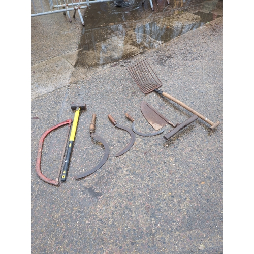 51 - Selection of Garden Tools including Rake and Sickle