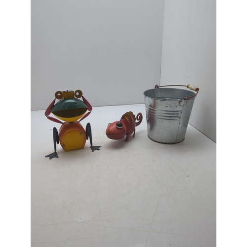 214 - Selection of Garden Decor Figures and Metal Bucket