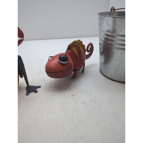 214 - Selection of Garden Decor Figures and Metal Bucket