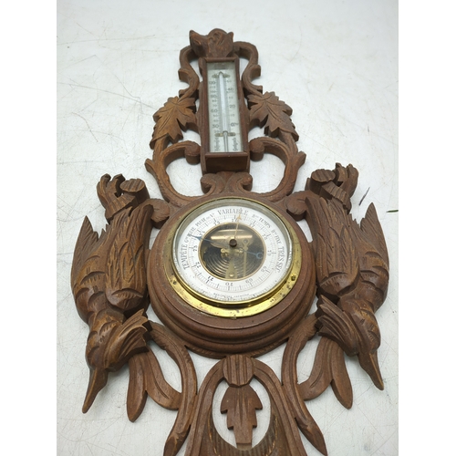 Carved Barometer and Thermometer with Bird Motif