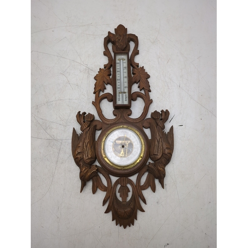 Carved Barometer and Thermometer with Bird Motif