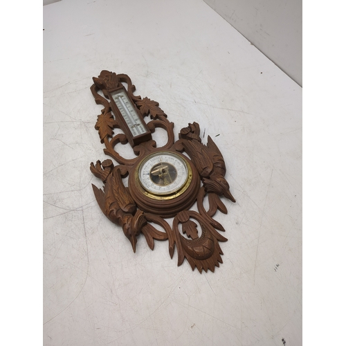 Carved Barometer and Thermometer with Bird Motif