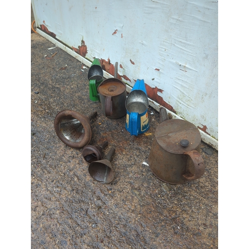 38 - Lot of Vintage Metal Jugs and Funnels