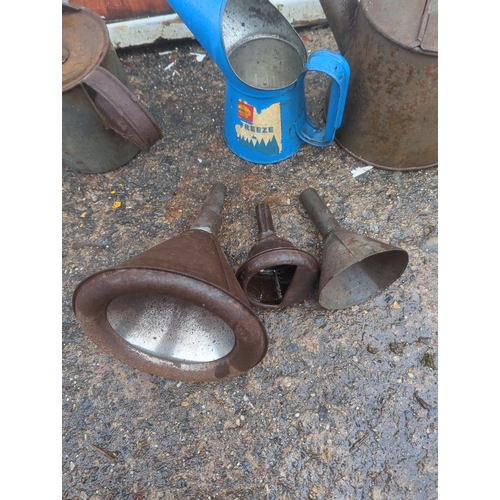 38 - Lot of Vintage Metal Jugs and Funnels