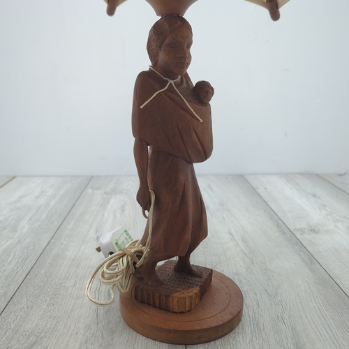 Carved Wooden Table Lamp with Fabric Shade