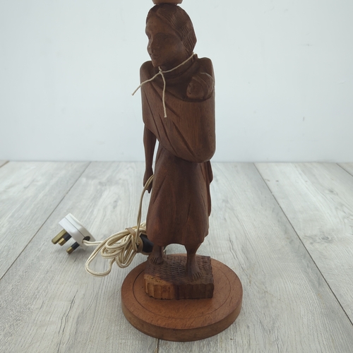 Carved Wooden Table Lamp with Fabric Shade