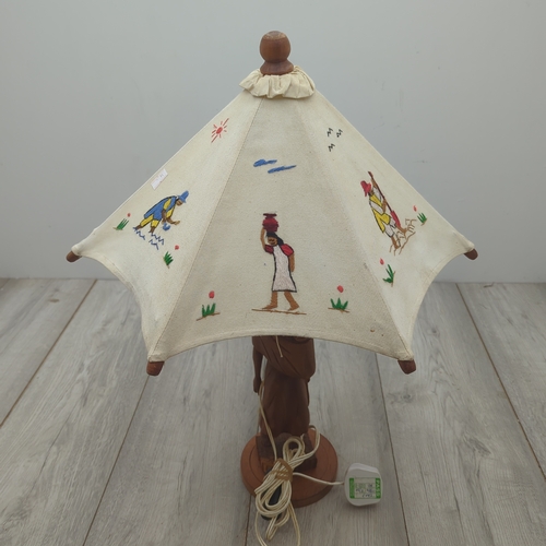 Carved Wooden Table Lamp with Fabric Shade