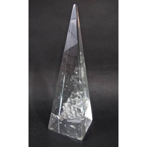 123 - Art glass obelisk by Peter Layton,with interesting frosted detail,32cm high,signature to base