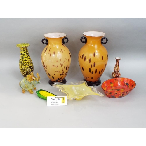 127 - A mixed collection of Murano glassware to include a pair of twin handled baluster vases,an elephant,... 