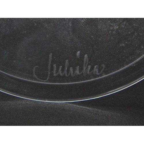 132 - Set of six Juliska champagne flutes with applied glass spiral detail,23cm high,together with a furth... 