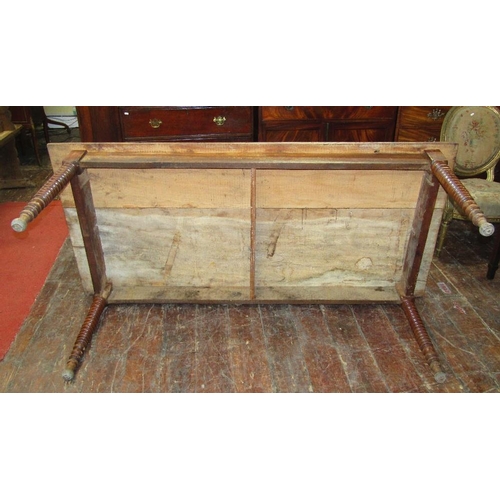 1512 - A 19th century elm farmhouse kitchen table,the plank top raised on four turned tapering bobbin suppo... 