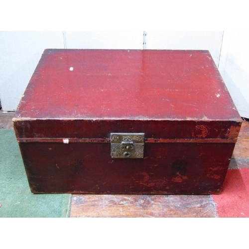 1515 - A Chinese travelling box with red lacquered finish,cast brass plate with inscriptions,76 cm wide