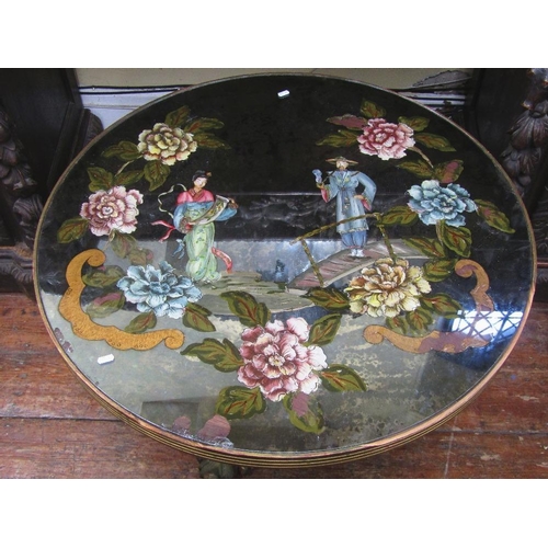 1522 - A low occasional table,the circular top with painted chinoiserie and peony detail beneath a glass mo... 