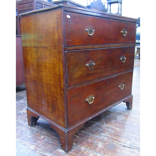 1533 - Early 19th century oak country made chest of three long drawers on bracket supports,94 cm wide