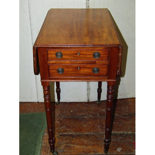 1561 - A small Georgian mahogany ladies sewing table fitted with two real and two dummy drawers on turned s... 