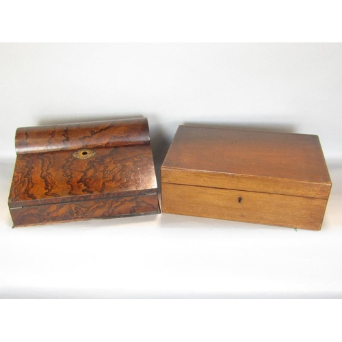 590 - A good quality burr walnut writing slope,with domed hinged top enclosing two ceramic inkwells and fu... 