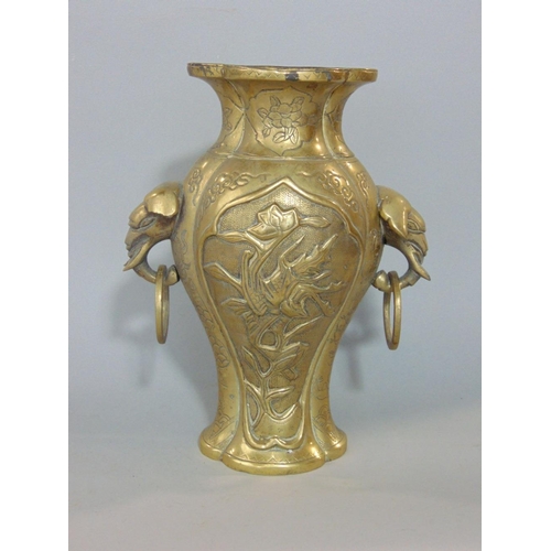 591A - A good quality Chinese polished cast bronze,baluster twin handled vase,with twin elephant ring handl... 