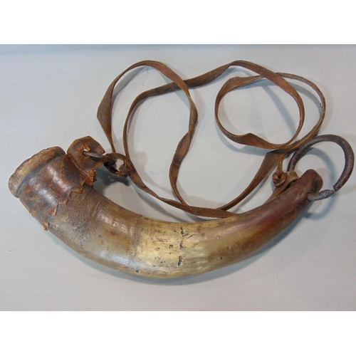 632 - A Georgian horn powder flask,with leather fittings,small 18th century oak footstool,cast brass wall ... 