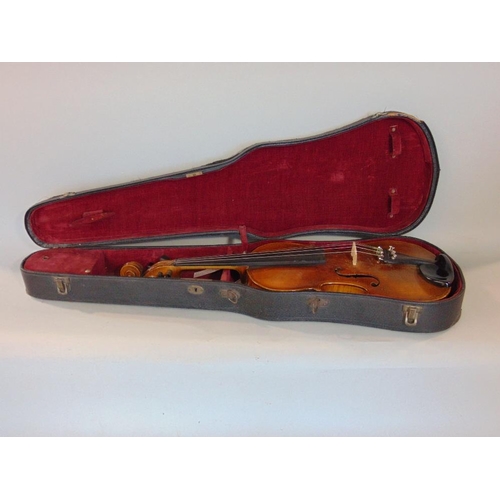 636 - Good quality 19th century three quarter length violin,with case,together with German violin inscribe... 