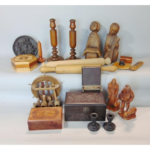 640 - A box of various treen items,including carved figures of European rustic characters,Austrian Rolling... 