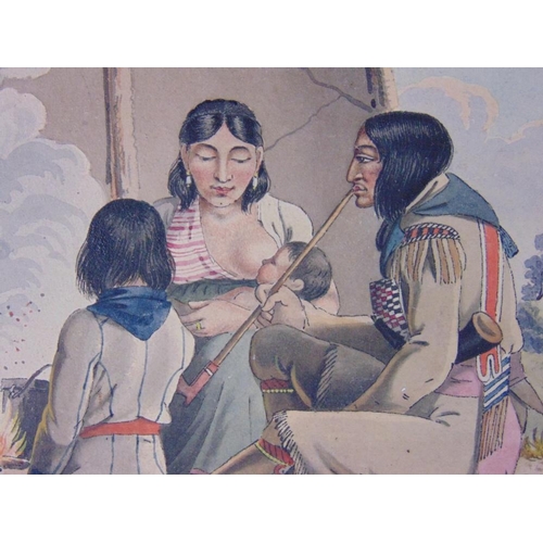 656 - Peter Rindisbacher (Swiss 1806-1834) scene inside a teepee with family of native Americans around a ... 