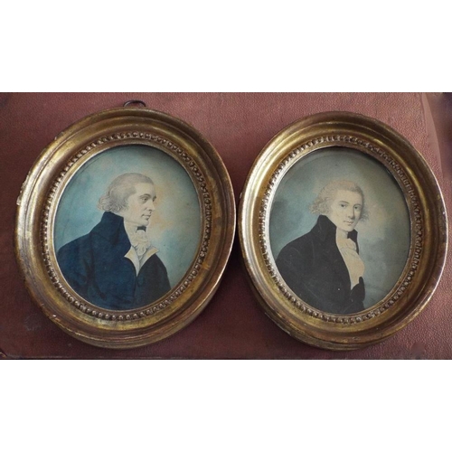 662 - A pair of late 18th century watercolour on paper portrait miniatures both showing bust length studie... 