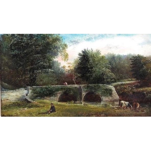 670 - Henry Harris (British 1852-1926) - Wickham Bridge,Stapleton,Bristol,with fisherman,cattle grazing,et... 