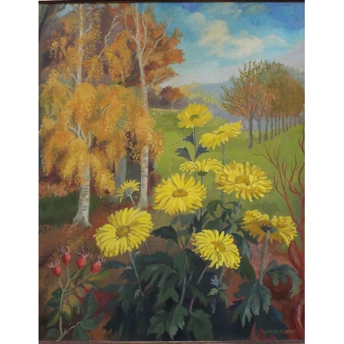 673 - Patricia Winstone (British 20th/21st century local artist) - Autumn Gold,landscape with flowers and ... 