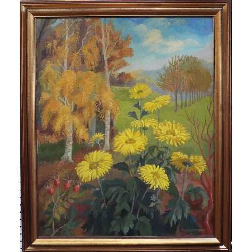 673 - Patricia Winstone (British 20th/21st century local artist) - Autumn Gold,landscape with flowers and ... 