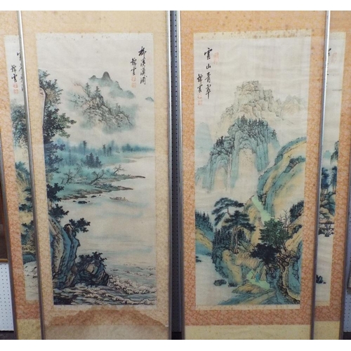 685 - A set of four early 20th century Chinese paintings on fabric of landscapes,probably representing the... 