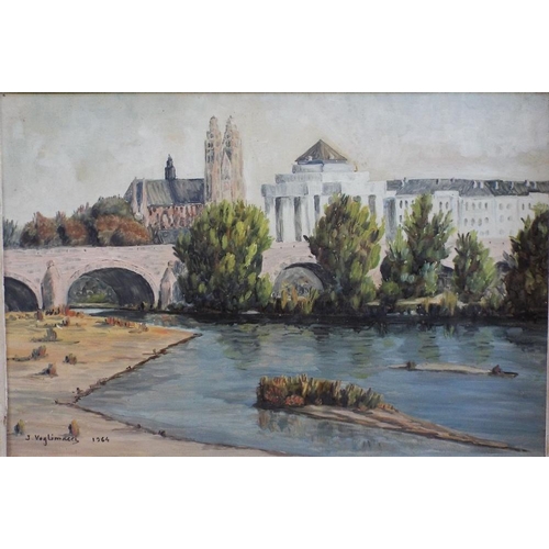 686 - J Voglimacci (20th century continental school) - River view with cathedral and buildings,oil on boar... 