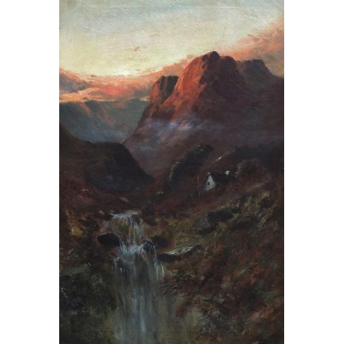 690 - F Walters (late 19th century British school) - Dramatic mountainous landscape with cottage and water... 