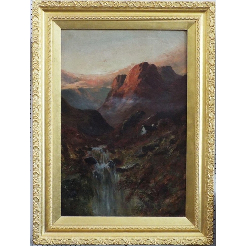 690 - F Walters (late 19th century British school) - Dramatic mountainous landscape with cottage and water... 