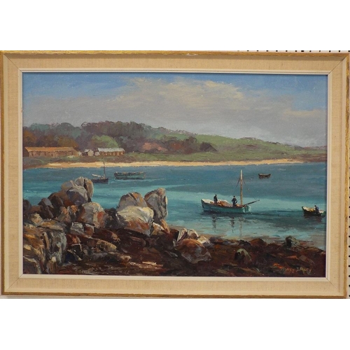 697 - Nancy Bailey (British 1913-2012) - View of New Grimsby,Tresco,Isles of Scilly,oil on board,signed an... 