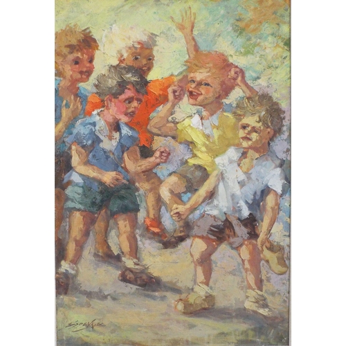 703 - S Deveriec? (20th century school) - Young boys fighting,oil on canvas in the palette knife technique... 