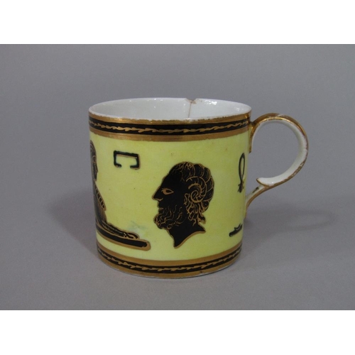 71 - An unusual early 19th century Derby coffee can with black and gilt Egyptian style motifs on a yellow... 