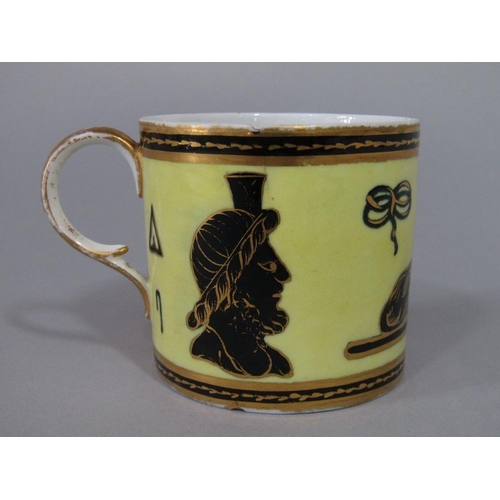 71 - An unusual early 19th century Derby coffee can with black and gilt Egyptian style motifs on a yellow... 