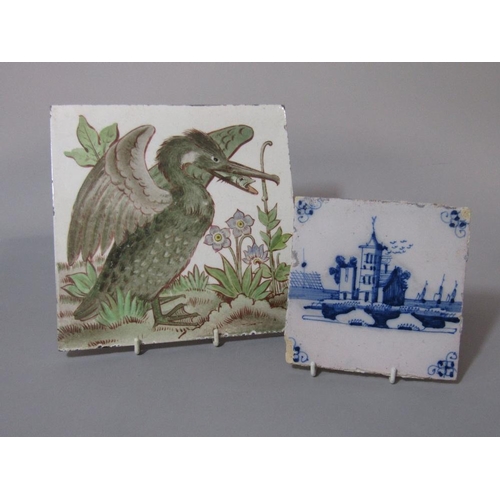 98 - An unusual 19th century Minton tile with painted decoration in the arts and crafts manner of a bird ... 