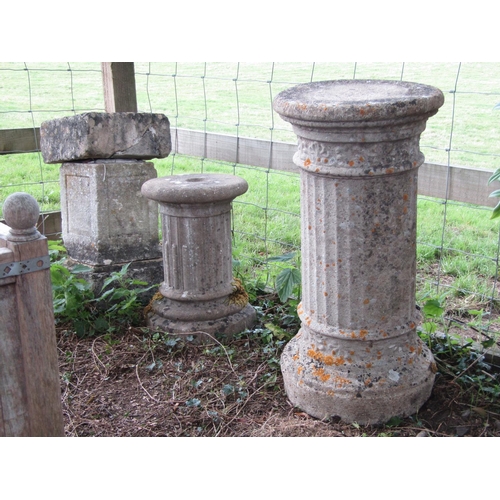 84 - Reconstituted, fluted pedestal, another smaller and a further limestone bird bath