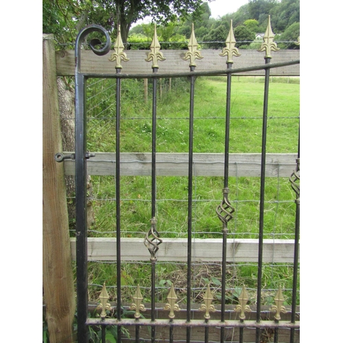 155 - A pair of wide steelwork entrance gates, with decorative spearhead finial detail, 3.8m wide, 1.7cm h... 