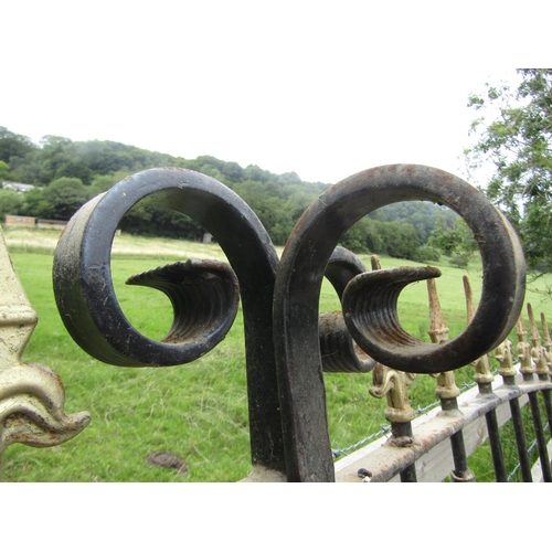 155 - A pair of wide steelwork entrance gates, with decorative spearhead finial detail, 3.8m wide, 1.7cm h... 