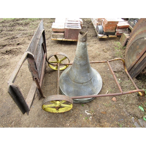 415 - 19th century cast iron oven front, pair of galvanised iron trumpet shaped speaker horns and an iron ... 