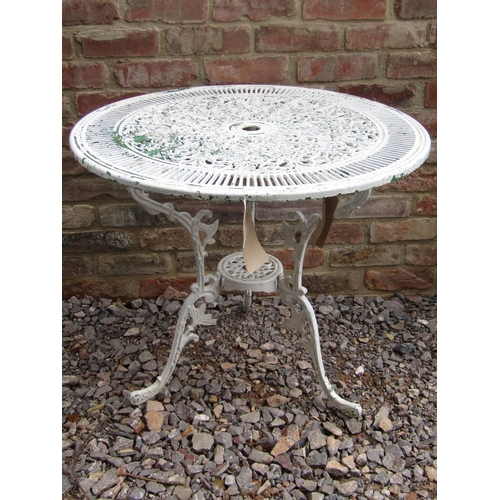 191 - A cast aluminium terrace table with pierced top, raised on three scrolled supports, 80cm diameter