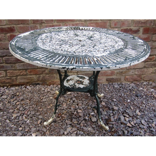 192 - A cast aluminium terrace table with pierced top, raised on four scrolled supports