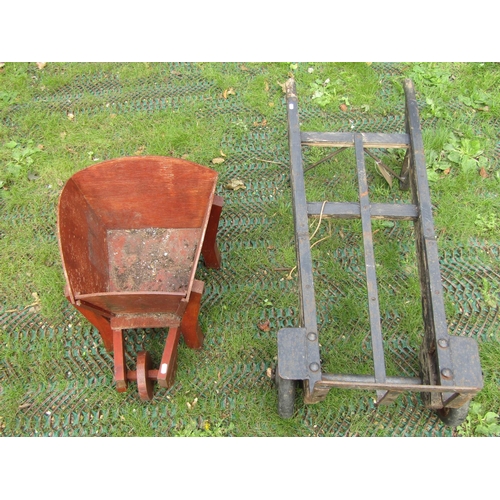 200 - A vintage timber sack truck and a small ornamental wheelbarrow