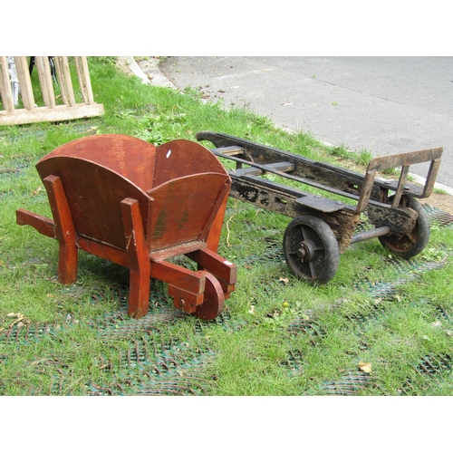 200 - A vintage timber sack truck and a small ornamental wheelbarrow