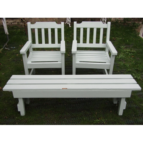 205 - A pair of painted garden armchairs with matching low level occasional table, 150cm long